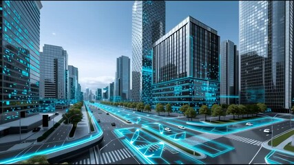 Futuristic cityscape with technology integrated into urban infrastructure - Powered by Adobe