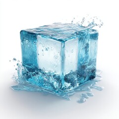 Translucent Ice Cube in Water Splash on White Background