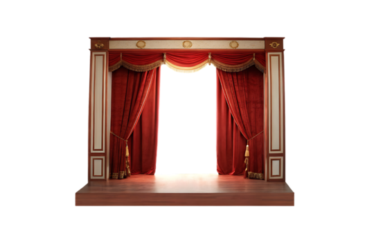 Elegant Theater Stage with Red Velvet Curtains and Ornate Gold Trim on a Black Background