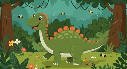 Cartoon Dinosaur Walking Through Forest with Flying Insects