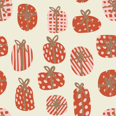 Patterned gift boxes in beautiful gift wraps and bows in colors of red, off pink and sage green on off white background. Christmas seamless vector pattern. Great for homedecor, fabric, wallpaper, gift