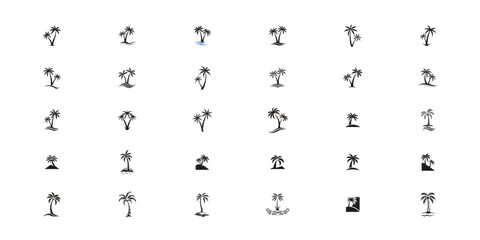 Black silhouette palm tree vector icon pack, tropical island plant illustrations, summer beach nature elements, decor template, clipart and graphic set

