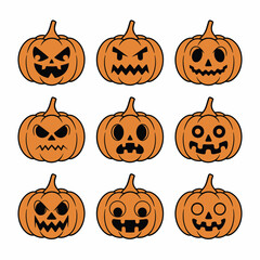 Nine Halloween Pumpkins with Various Cartoon Faces