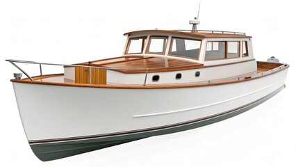 Naklejka premium Classic wooden motor yacht with white hull and rich wood accents on a white background