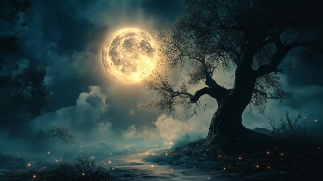 Enchanted night landscape featuring a glowing full moon over a serene river and mystical trees