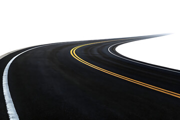 Winding Asphalt Road with Yellow and White Lines on a Black Background Transportation and Infrastructure Concept