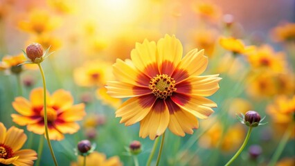 Close-up of blooming Coriopsis on a soft background with delicate petals and subtle color gradation , spring