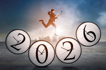 Businesswoman Leaping into 2026: Time Management & Future Success