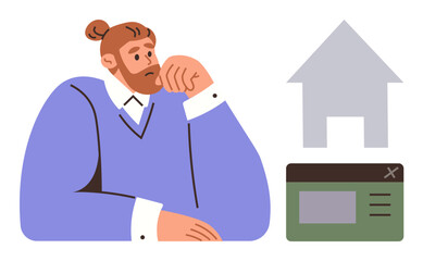 Person leaning on hand, thinking with abstract home icon and web browser window. Ideal for real estate, finance, decision-making, housing market, planning, property investment, simple flat metaphor