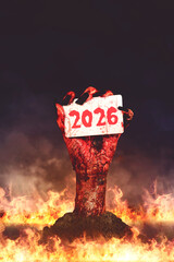2026 Emerging from Hell: Bloody Zombie Hand with Year Sign