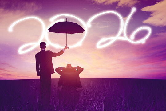 Businessman with Umbrella Shielding from Uncertain Future