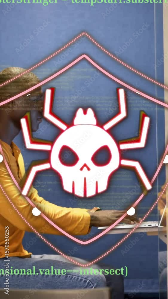 Poster cybersecurity threat animation over person working on computer in office