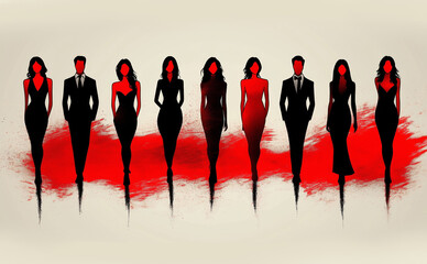 Silhouettes of female and male models walking down the catwalk in evening gowns. Watercolor style illustration isolated on white background