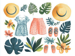 Set of beachwear for relaxation on the background of tropical leaves and flowers. Watercolor style illustration isolated on white background