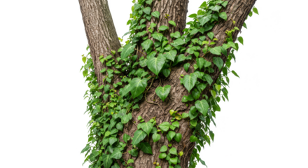 Isolated Green Ivy Climbing on Tree Trunk Transparent Background