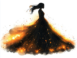 Girl in a lush and beautiful evening black dress, side view.