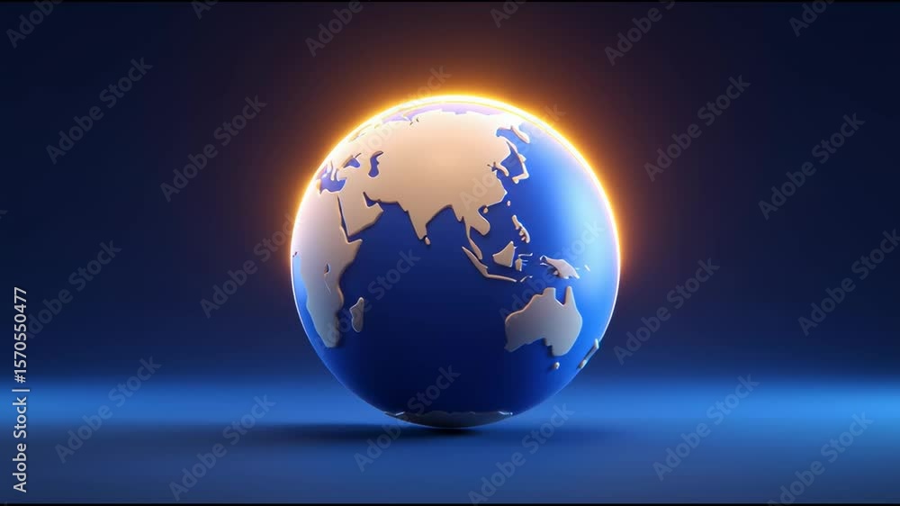 Poster digital globe rotating under bright illumination showcasing global continents and oceans