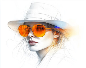 Portrait of girls in orange sunglasses and hat. Hand draw sketch illustration isolated on white background