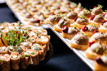 Sandwiches and pancakes with pate. Close-up, selective focus. Concept restaurant, banquet, celebration.