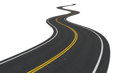 Winding Asphalt Road Perspective with Yellow and White Lines on a Black Background for Transportation and Travel Concepts