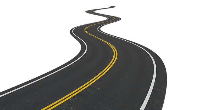 Winding Asphalt Road Perspective with Yellow and White Lines on a Black Background for Transportation and Travel Concepts