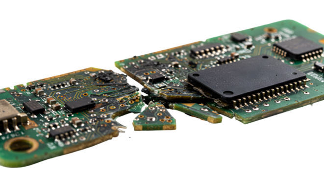 Broken Green Circuit Board with Black Chip Isolated on Black