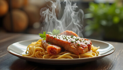 Grilled fish with pasta and a smoky effect. Represents gourmet food, delicious meals, or culinary art. Appetizing and rustic.

