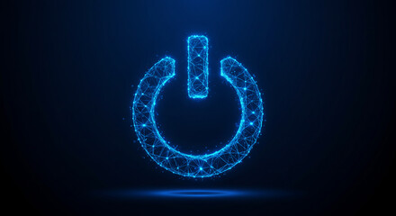 Glowing blue digital power button icon on dark futuristic background