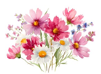 Watercolor floral bouquet, with pink and fuchsia flowers, daisies, isolated on a white background, in a simplified watercolor clip art style, with soft green leaves, clean edges
