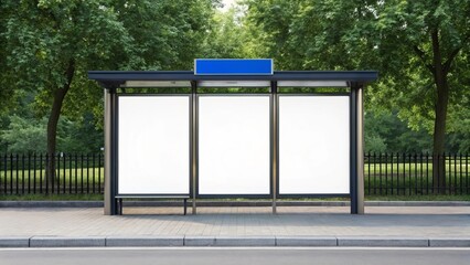 Modern bus stop shelter with three blank white advertising billboards and a blue sign against a backdrop of lush green trees