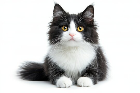 A curious tuxedo kitten with golden eyes looking up expectantly on a white in white background. Generative Ai