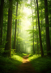 Obraz premium Sunlit Trail: A Serene Path Through the Heart of the Forest