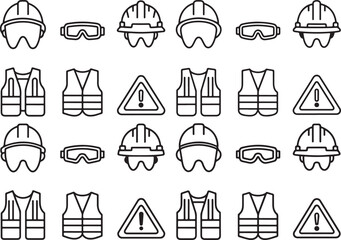 collection of safety equipment icons including hard hats goggles and vests silhouette isolated on transparent background