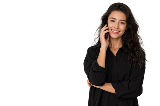 
Young woman talking on a smartphone with a joyful expression, looking at the camera isolated on transparent background with copy space
