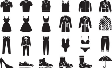 Clothes and Fashion Line Icons.Simple silhouette clothing and apparel icon set for fashion.Clothing, fashion icon set. Vector glyph pictograms of shirt, dress, jacket, shoes, handbag, apparel, accesso