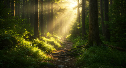Obraz premium Sunlit Trail: A Serene Path Through the Heart of the Forest