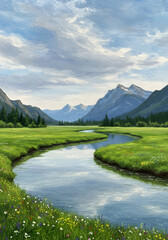 Savanna Serenity: A Winding River Beneath Snow-Capped Peaks