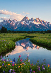 Fototapeta premium Savanna Serenity: A Winding River Beneath Snow-Capped Peaks