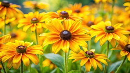 Bright yellow petals and delicate green foliage of Rudbeckia flowers in a lush garden setting with soft focus effect, soft focus, garden flora
