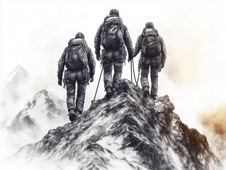 Three climbers walking on the top of a mountain. Hand draw sketch illustration