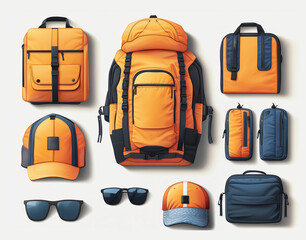 Travel accessories set including baseball backpack bag organizer and sunglasses in orange. Realistic render style illustration isolated on white background