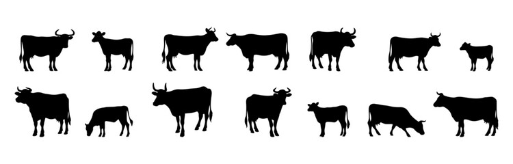 Cool illustration. Black silhouette on white background. Cow.