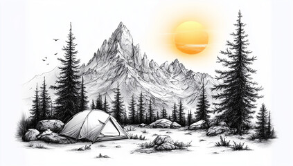 Mountain camping scene at dawn, with detailed tents, pine trees, and a rising sun. Hand draw sketch illustration isolated on white background