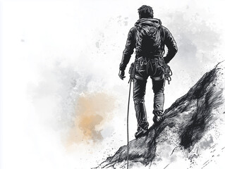 Male climber with equipment backpack walking on mountain slope. Hand draw sketch illustration isolated on white background