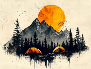 View of landscape with yellow tents in front of forest and mountain peaks at sunset. Watercolor style illustration isolated on white background