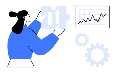 Woman holding puzzle piece symbolizing problem-solving next to data chart and gear icons. Ideal for teamwork, business strategy, innovation, data analysis, efficiency, organization, and success