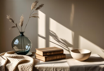 Minimalist Home Decor Still Life with Pampas Plumes and Books