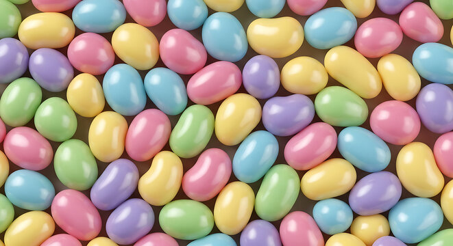 PastelColored Jelly Beans A Collection of Smooth Shiny OvalShaped Candies in Soft Pink Purple Yellow and Green Hues.