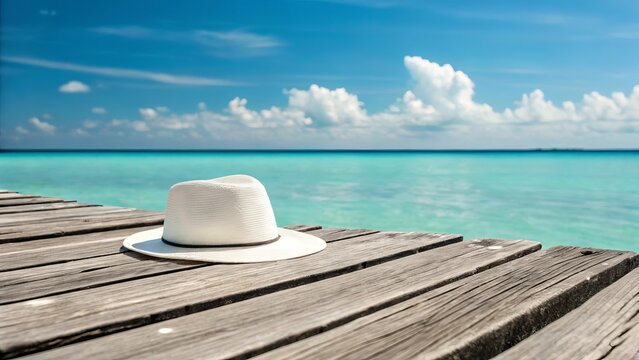 A white straw hat rests on a weathered wooden pier overlooking a tranquil turquoise ocean under a bright blue sky with scattered clouds