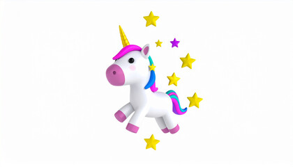 3D Cartoon of Kawaii Unicorn Flying with Stars, Magical Cute Fantasy Character Illustration


